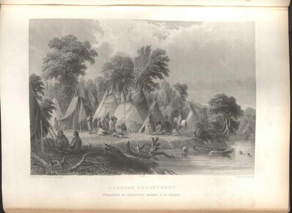 Black-and-white illustration of indigenous people in front of a cluster of tipis.