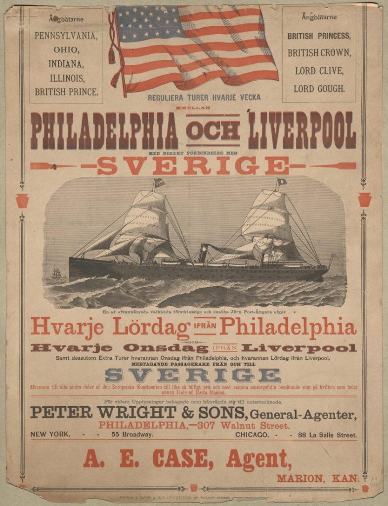 This image has text in red, blue, and black ink, accompanied by an American flag and a black-and-white illustration of a sailing ship at sea.