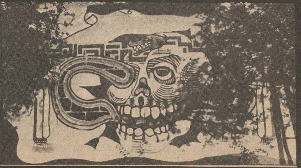 Black-and-white photo showing a large skull with several smaller icons.