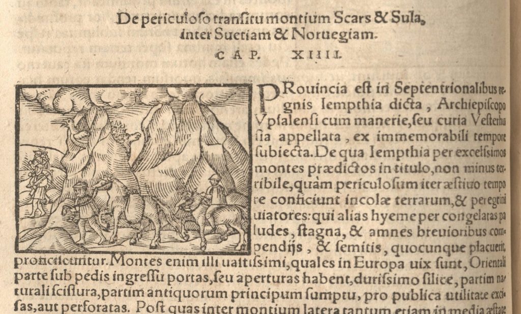 This image has text in Latin with a woodcut showing men on horses walking in front of tall mountains.
