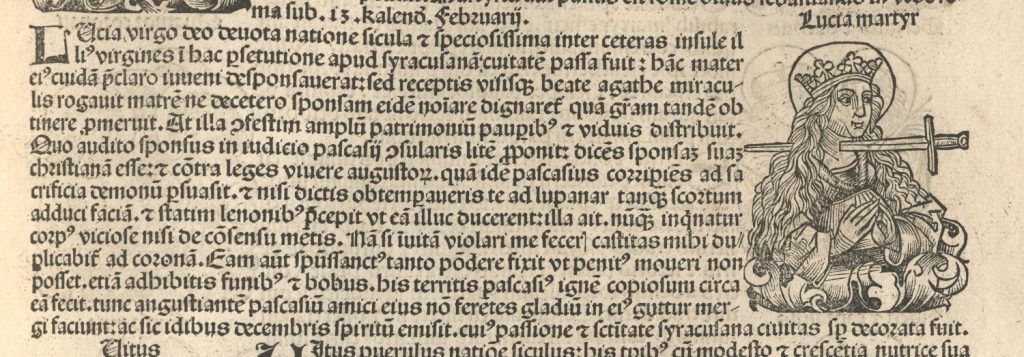 This image has text in Latin with an illustration of a praying woman being stabbed in the throat with a sword.