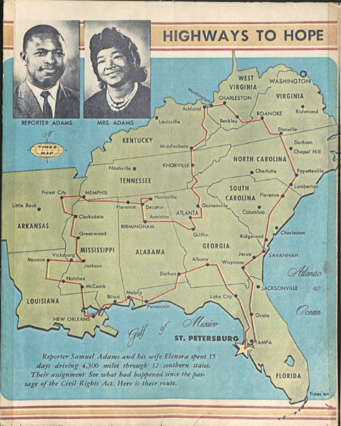 Map of "Highways to Hope" trip. with insert image of Sam Adams and his wife Elenora Adams.